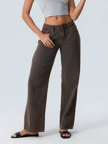 Women Wide Leg Jeans Low Rise Baggy Straight Leg Jeans Loose Boyfriend Jeans Casual Denim Pants Y2k Streetwear - 深棕色 - 查看 3