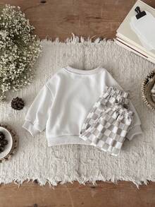 2pcs/Set Baby Boy Casual Solid Color Crew Neck Long Sleeve Sweatshirt And Checkerboard Long Pants, Spring/Autumn - Apricot - View 4