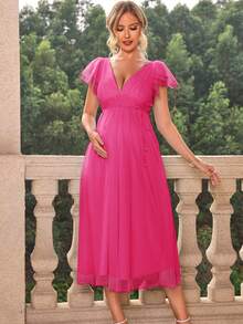 Joyfunear Maternity Fashionable Solid Color Ruffle Sleeve Deep V Neck Dress Summer - Hot Pink - View 5