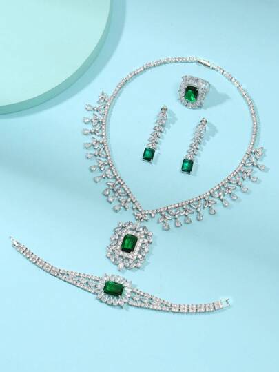 1 Set Of 5pcs Luxury Zirconia Necklace, Earrings, Bracelet, Ring Jewelry Set, Bridal Wedding Dress, Engagement, Formal Party, High-End Accessories For Women, Holiday Wear