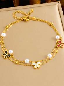 1 件优雅贝壳心形蝴蝶吊坠女士双层珍珠脚链，时尚、闪亮、性感风格，夏季海滩脚链，珠宝礼物脚链，送给美丽女士的完美节日礼物