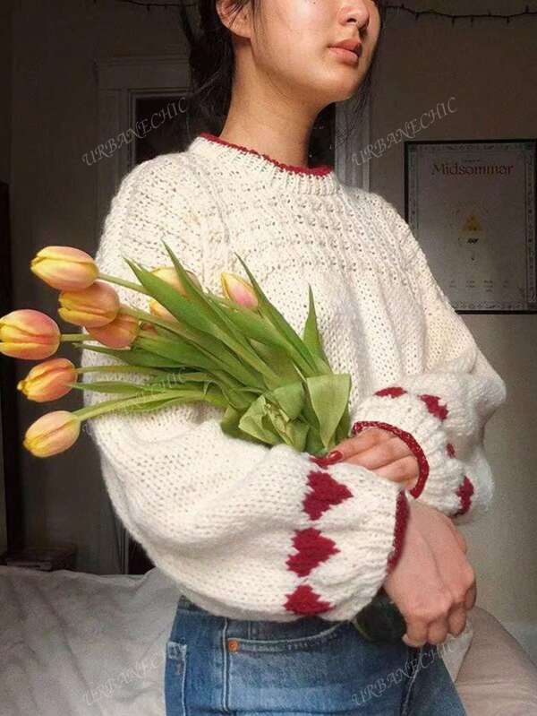 Suéter holgado de manga farol con cuello redondo, estampado de corazón y ribete de color contrastante, ideal para otoño e invierno. Un diseño cómodo y ligero apropiado para ocasiones casuales, diario, citas, hogar, oficina, fiestas, festivales, compras, Halloween, Navidad, Acción de Gracias, San Valentín, bailes y cenas.