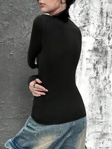 Rikumo 女士时尚街头朋克Y2K风格“心形，吉他”英文印花个性化圆领长袖T恤 冬季 - 黑色 - 查看 7