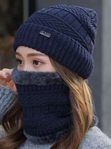 1 Set Women Outdoor Solid Color Fleece Lined Knit Beanie Hat & Scarf, Unisex Suitable For Outdoor, Street, Daily Use, Fashion Versatile Knitted Hat, Ideal Gift (Random Black Fuzzy Scarf)