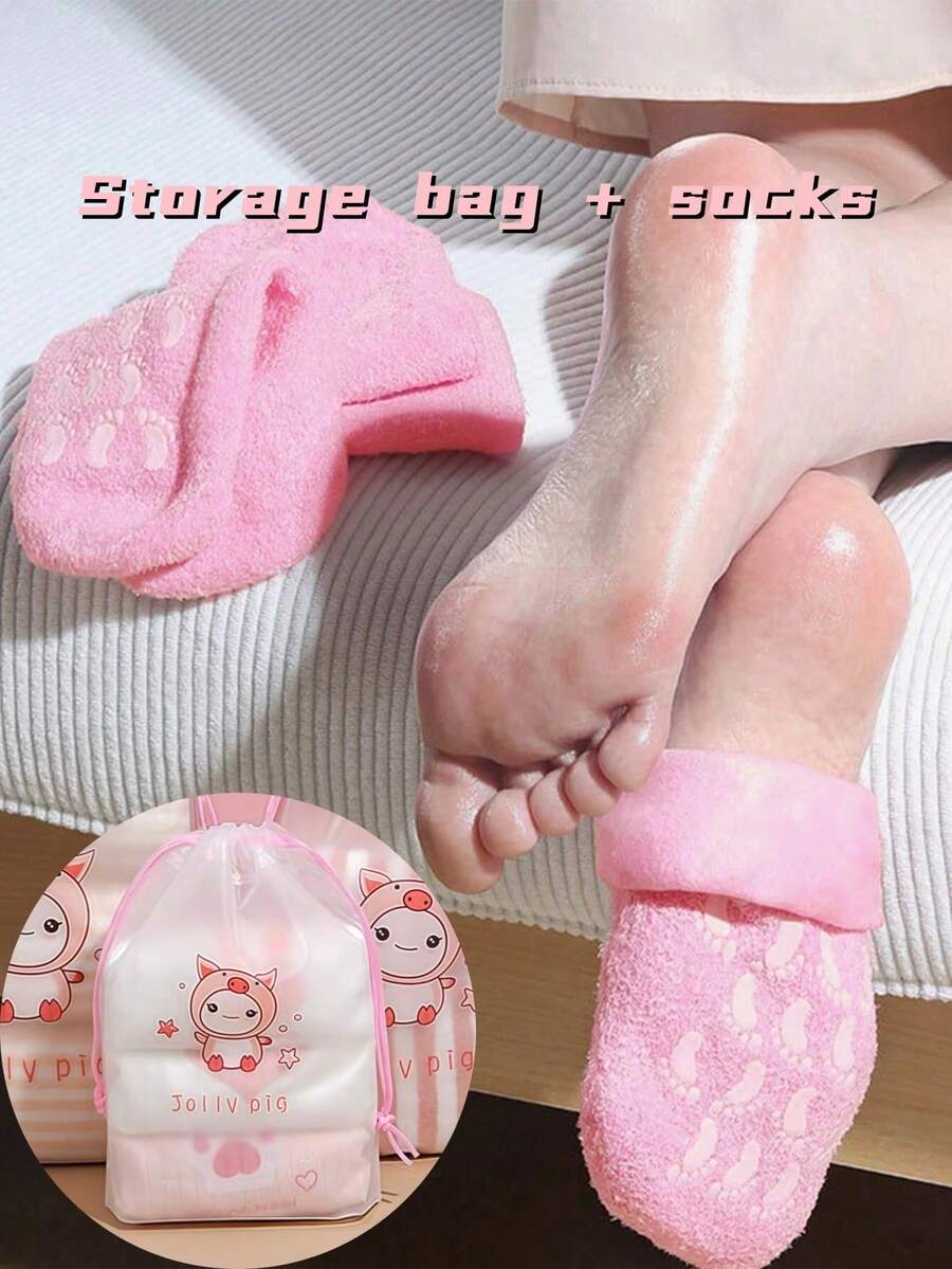 1 Cặp Mặt nạ dưỡng ẩm cho chân (Có túi đựng) - Tất silicon đựng tinh dầu, Vật dụng cần thiết khi đi du lịch, Túi rút trong suốt họa tiết hoạt hình, Di động - Chăm sóc chân khô và nứt nẻ, Miếng dán gel dưỡng ẩm cho gót chân và chân