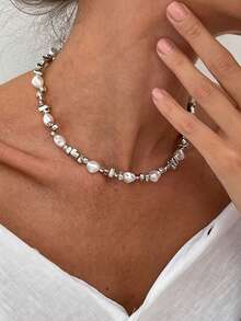 1 件时尚不对称仿珍珠锁骨链，简约扁平仿巴洛克串珠项链首饰，适合日常佩戴、音乐节和拍照 - 彩色 - 查看 4