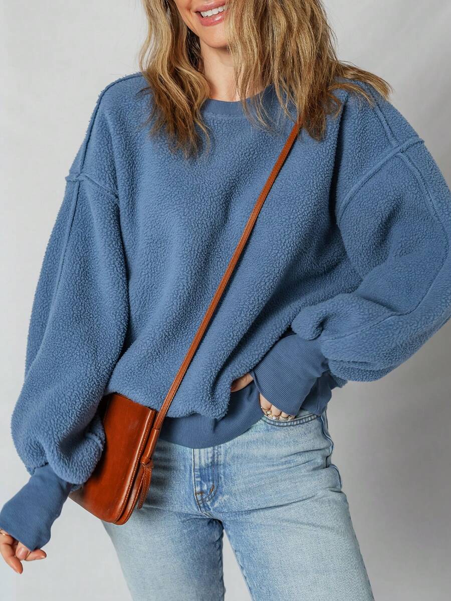 Acelitt Winter Women's Solid Color Plush Off Shoulder Bat Sleeve Patchwork Casual Round Neck Sports Shirt