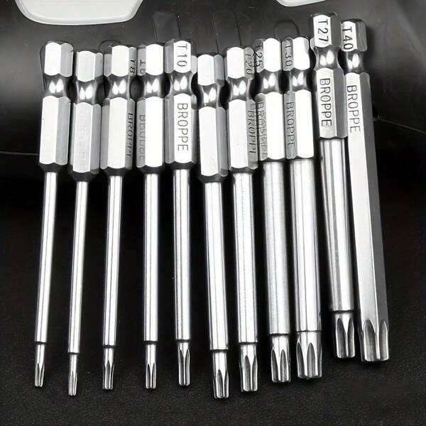 11pcs/Set S2 Alloy Steel Torx Screwdriver Bits, 75mm Length, Size Range T6 To T40, Hexagonal Shank, Suitable For Manual Screwdriver Use In Automotive And Electrical Repair, Sold Individually