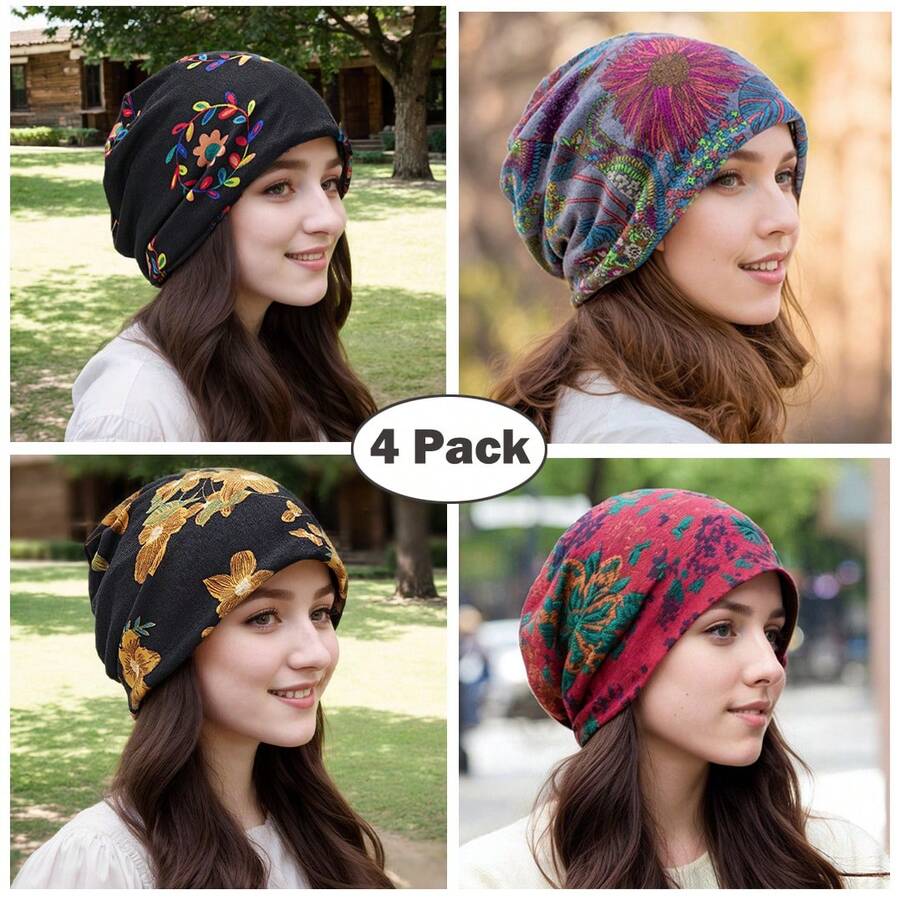 4 Pack Vintage Flower Printed Slouchy Beanie Boho Turbans Breathable Skull Cap Warm Beanies Chemo Cap For Women - B - Xem 1