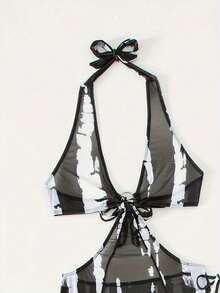 Women's Sexy Swimsuit 3 Piece Thong Bikini Set Triangle Halter Bathing Suit Sheer Mesh Beach Cover Up Maxi Dress - 黑色 - 查看 5