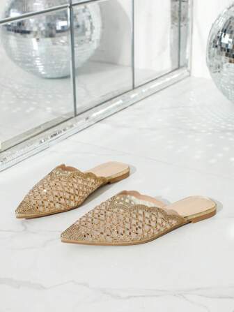 Women's Pointed Toe Flat Mule Shoes, Casual Hollow Out Rhinestone Slip-On Sandals For Spring & Summer