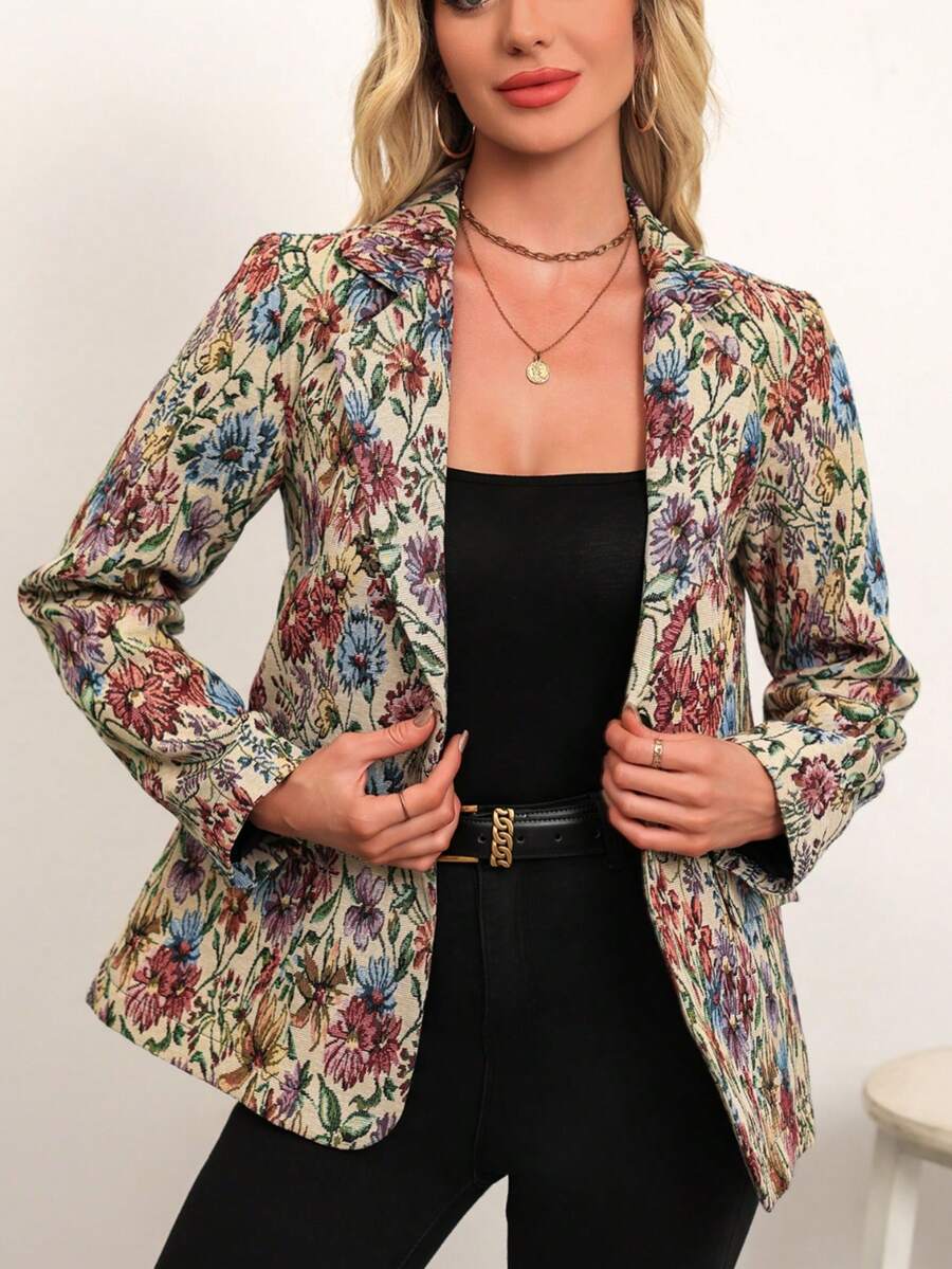 Women's Fashion All-Over Print Lapel Single-Breasted Mid-Length Casual Long Sleeve Blazer, Spring/Autumn