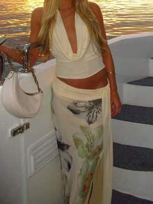 Women Lace Up Backless Halter Swing Collar Crop Top And Floral Print Side Slit Mesh Long Skirt Two Pieces Set Elegant Sexy Matching Outfit Summer - Light Yellow - View 7