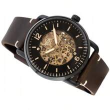 Fossil The Commuter Skeleton Automatic Watch For Men ME3158 Black Round Dial Brown Leather Strap Fashion Casual Watch Suitable For Daily And Dressy Wear Good Birthday Holiday Gift For Men