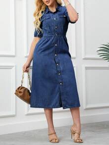 Ladies' Denim Skirt With Practical Pockets, Front Button Design, Casual Denim Skirt, Fashionable Daily Wear, Perfect For Summer And Spring. - 深色水洗藍 - 查看 1