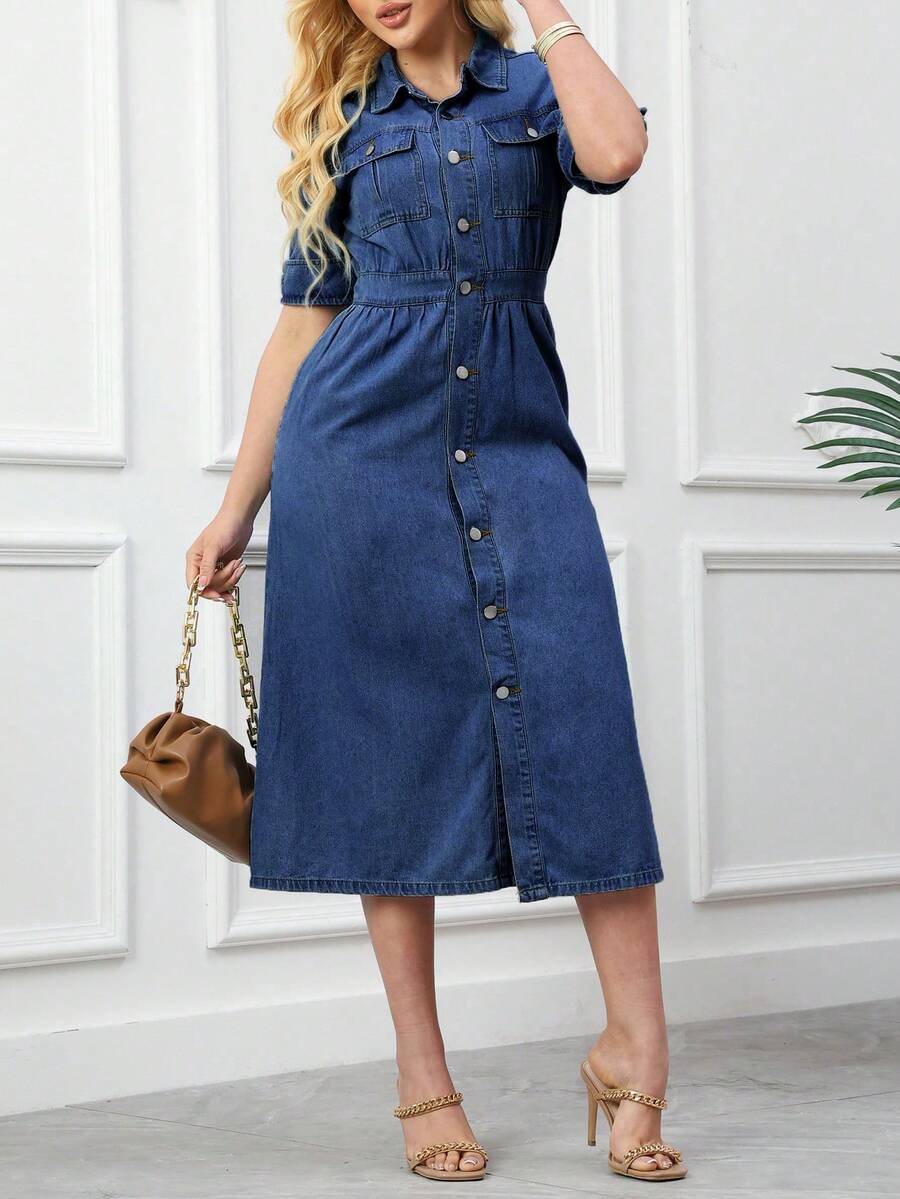 Ladies' Denim Skirt With Practical Pockets, Front Button Design, Casual Denim Skirt, Fashionable Daily Wear, Perfect For Summer And Spring. - 深色水洗藍 - 查看 1