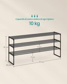 Scarpiera a 3 Ripiani, Scaffale Portascarpe in Metallo, per 20-24 Paia di Scarpe, Verticale o Capovolto, Impilabile, Ingresso, 30 x 117 x 55 cm, Nero - nero - Visualizzare 4