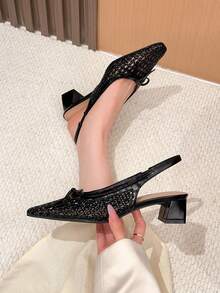 Xin Jing Shoes 女式高跟方头蝴蝶结编织时尚百搭踝带粗跟浅口鞋 - 黑色 - 查看 3