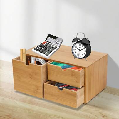 YUNRUX Desk Organizer, Bamboo Drawer Box With 3 Drawers Office Storage Box For Office Home Students 33 * 19 * 16cm