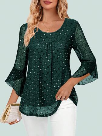 CheersLife 女式荷叶边七分袖优雅正装衬衫圆领双层网眼束腰上衣