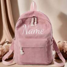 1pc Customized Name Cord Corduroy College Style Simple Streetwear Large Capacity Casual Women Backpack (Pink), Letter, Multifunction, Portable, Large Capacity, Lightweight Minimalist, Leisure, Commuting, For Friend, Women, Rookies & White-Collar Workers, Children, Friends, Family, Girlfriend, Boyfriend, Her, For Outdoors/Outings/Travel/Hiking/Stadium/Sports/Climbing, For Business/Commute/Work/Office, Travel Accessories