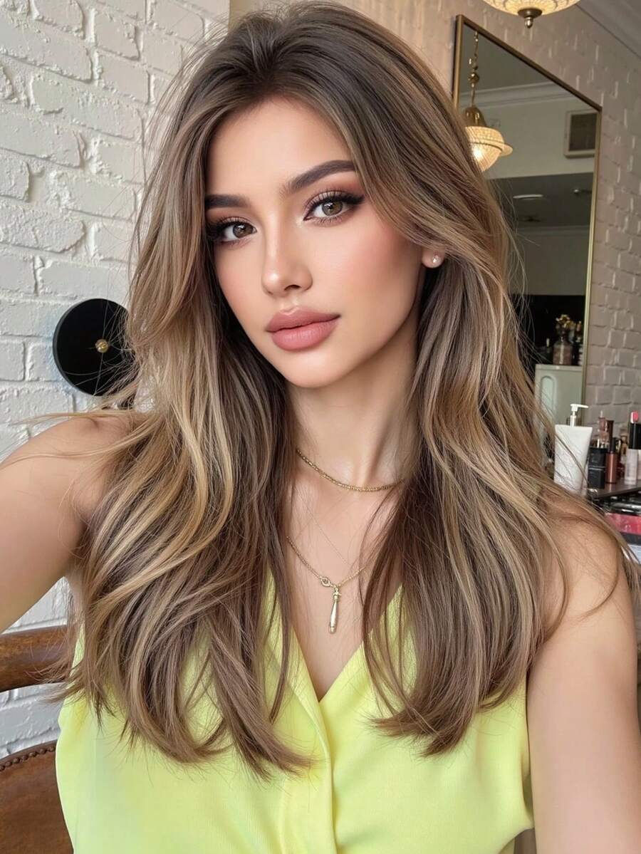 This 20-Inch Long, Wavy Brown Synthetic Wig With Long Curly Blonde Hair In The Middle Is A Cosplay Wig For Women's Daily Gatherings. It Is Suitable For Daily Wear During Holidays, Travels, Family Gatherings, And As A Gift For Halloween And Christmas - 挑染棕色 - 查看 1