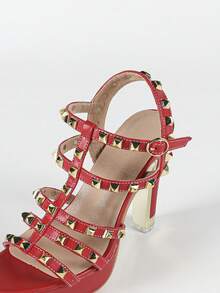 Black Studded Platform Chunky Heel Roman Sandals For Women - Red - View 8