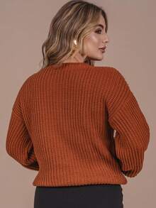Heart Blouse With Fur Knit Wool Fang Puff Sleeve Women's Oversize Winter Cold Laffy Knit - 銹色與黑色 - 查看 2