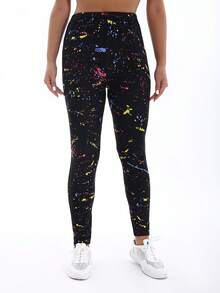 秋冬新品，时尚优雅的女士黑色泼墨印花紧身裤，粉色花卉柔软弹力九分裤，红色爱心字母图案七分紧身裤，适合健身、散步、户外、工作、派对、瑜伽、深蹲、举重、塑身