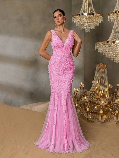  FAERIESTY Elegant Sophisticated Floral Applique Maxi Mermaid Dress With Netting-Trimmed Hem & Backless Design | Luxury Evening Look For Galas, Weddings Or Black-Tie Events