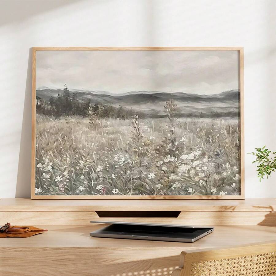 1 Pc Canvas Painting,Painting, Frame, Landscape, Meadow, Flowers, Mountains, Desk, Laptop, Plant,Wood Framed Painting (1) Thickness 2.5 Cm/ 1 Inch-Home Decoration For All Occasions,Ideal New Year, Valentine's Day,Thanksgiving,Easter,Christmas Gift,Room Decoration Aesthetic,Wall Decoration Art,Perfect Gift,Autumn And Winter Wall Decoration,Living Room Decoration, Bedroom Decoration, Kitchen Decoration, Entry Decoration, Bathroom Decoration, Direct Wall Painting, High Quality Wall Painting Poster,Modern Home Decoration Stretched And Framed Ready To Hang