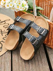 1 Pair Children's Fashionable Leopard Print PU Design Non-Slip Soft Cork Flat Toe Open Beach Slippers, Suitable For Summer