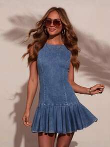 Ladies Fashion Sexy Sleeveless Pleated Waist Denim Dress, Denim Material, Pleated Waist Design, Sleeveless Style, Stylish & Sexy, For Ladies, Daily Wear, Dating/Party Outfits, Versatile & Slimming, Comfortable Breathable