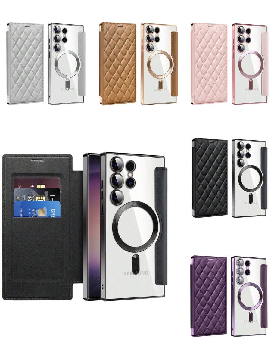 1pc Luxury Rhinestone Leather Flip Cover Phone Case With Card Slots, Magnetic Protective Shell Compatible With Samsung Galaxy S22 Ultra/S22+/S22, S23 Ultra/S23+/S23, S24 Ultra/S24+/S24, S25 Ultra/S25+/S25, A06, A16, A36, S23 FE, A55, A56, And Apple 12 Pro Max/12 Pro/12, 13 Pro Max/13 Pro/13, 14 Pro Max/14 Pro/14, 15 Pro Max/15 Pro/15, 16 Pro Max/16 Pro/16, 16E, With Lens Film Waterproof Shockproof Anti-Fall Scratch Resistant
