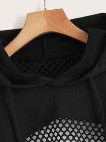 Áo hoodie nữ dáng ngắn thể thao phối lưới, thoáng khí, màu đen trơn, phong cách thường ngày, thích hợp cho mùa hè. - màu đen - Xem 3