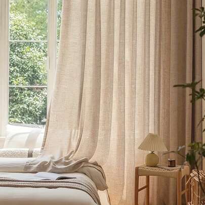 1pc/2pcs Japanese Style Solid Color Curtain, Minimalist Light Brown Linen Style Decorative Light Filtering Curtain With Rod, Suitable For Living Room And Bedroom Window Decor,Fall Decor,Autumn Decor,Room Decor
