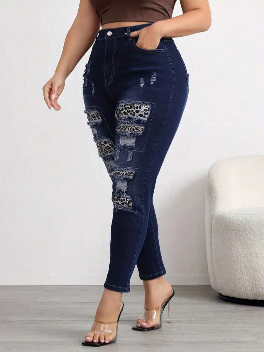 Plus-Size Women's Denim Trousers With Leopard Print Patch Details, Suitable For Spring, Summer And Autumn, Made Of High-Stretch Comfortable Denim Fabric, Suitable For Party And Holiday Wear,Plus Size Jeans - 深色水洗藍 - 查看 1