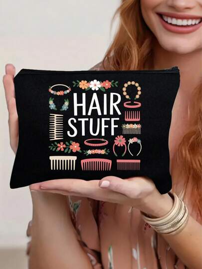 Foldable Makeup Bag With Hair Accessory Illustrations, Colorful Design, Large Capacity Storage For Home, Travel, Office, Perfect Gift For Hair Lovers, Autumn College Essential, Holiday Travel Bag, Women Cosmetic Organizer