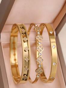 3pcs Fashion 18K Gold Plated Stainless Steel Four-Leaf Clover Nail Bracelet, Suitable For Women's Party, Daily Wear, European And American Style, Personalized, Generous, Luxury Cubic Zirconia Wristband, Wedding Jewelry Set, Gift For Girls, Women, Relatives, Friends, Beautiful Wedding, Birthday, Valentine's Day, Mom, Mother, Mother's Day, Gift