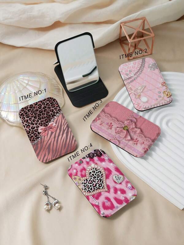 Millennium Series Portable Vanity Mirror, Foldable, Lightweight, Ultra-Thin, Convenient Hand Mirror, Durable PU Leather, Suitable For Multiple Scenarios, All People, Foldable Compact Mirror, Portable, Classic INS Style Leopard Print, Lace, Bow Design, Exquisite Folding Structure, Durable And Reliable, Anti-Drop, Portable, 180° Flip Cover, Multi-Functional