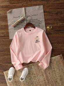 Tween Girl Graphic Print Crew Neck Long Sleeve T-Shirt, Autumn/Winter Top - Pink - View 2