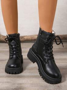 2025 New Autumn/Winter Women Boots, Fashion Versatile Casual Boots, Side Zipper Women Ankle Boots, Lace-Up Women Shoes, Warm Winter Women Boots, Flat Comfortable Women Boots - Black - View 6