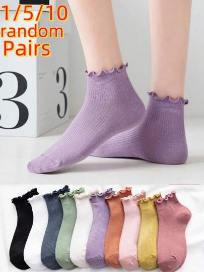 1/5/10 Paar zufällige einfarbige Rüschen-Saum süße & modische minimalistische Damen Kurzsocken