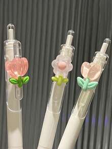 1 支/5 支速干郁金香花圆珠笔、记号笔、黑色墨水按压笔、高品质少女透明笔、卡通按压笔、办公和学校用品、返校必备（颜色随机）