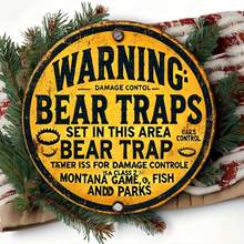 1 pieza Señal de advertencia de trampa de oso plana 2D, vintage - Arte de pared metálico redondo de 8x8 pulgadas con diseño rústico amarillo y negro, adecuado para el hogar, jardín, cocina, bar, cafetería, restaurante, garaje, decoración de habitaciones - Estilo de agujero aleatorio
