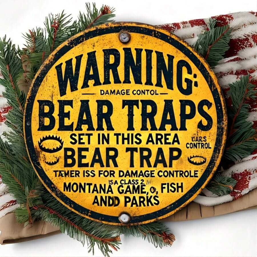 1 pieza Señal de advertencia de trampa de oso plana 2D, vintage - Arte de pared metálico redondo de 8x8 pulgadas con diseño rústico amarillo y negro, adecuado para el hogar, jardín, cocina, bar, cafetería, restaurante, garaje, decoración de habitaciones - Estilo de agujero aleatorio