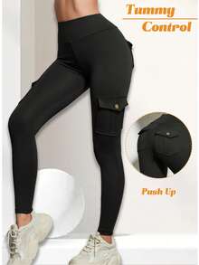 Damen Sport Cargo Taschen Leggings, 4 Taschen, hoher Bund Skinny Hose, geeignet für Laufen, Training und Alltagstragen, Activewear, modische Yogahose