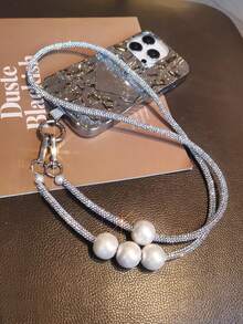 1 pieza Cordón de teléfono grueso con perlas y rhinestones, correa larga de lujo tipo collar, cadena cruzada para el hombro con broche