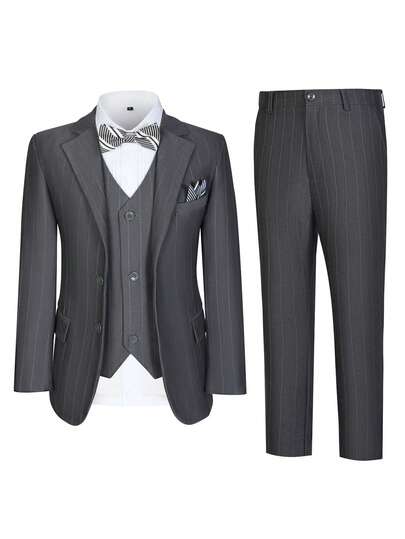 Boys Suits Stripe 3-Pieces Suit Set Toddler Tuxedos Dresswear Ring Bearer Outfit Wedding Blazer Vest Pants Formal Suits For Kids Grey Size 6-14Y