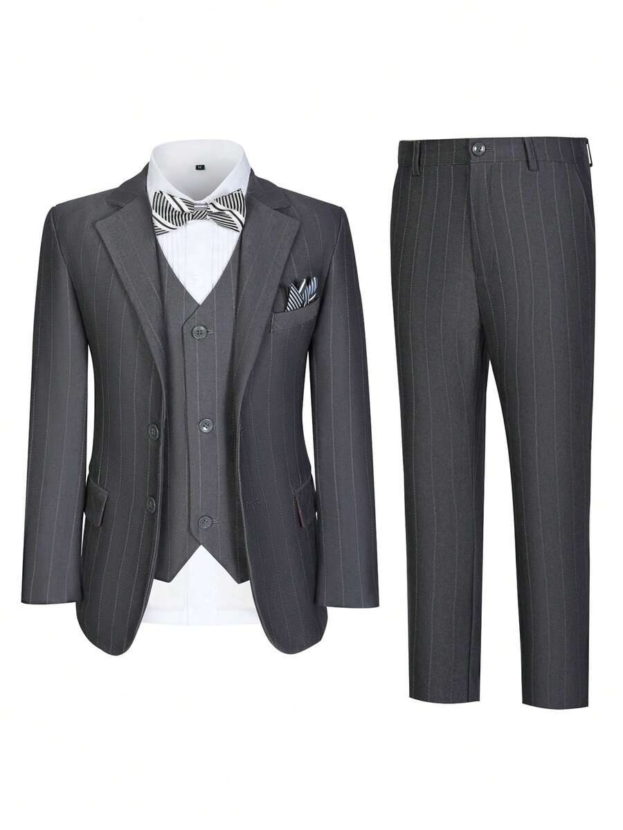 Boys Suits Stripe 3-Pieces Suit Set Toddler Tuxedos Dresswear Ring Bearer Outfit Wedding Blazer Vest Pants Formal Suits For Kids Grey Size 6-14Y